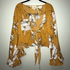 Mustard yellow Floral bell sleeve top, M